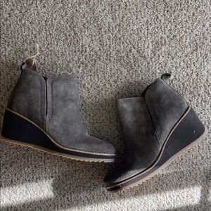 Taupe Gray Suede Wedge Ankle Boots